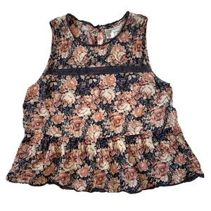 Current/Elliott pink blue cream floral lace trimmed sleeveless tank shirt size 2